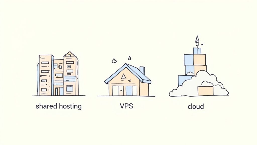 A simplified diagram showing server racks in a data center, representing different hosting infrastructure options.