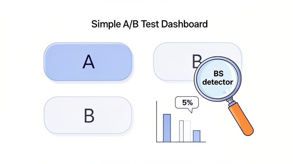 An A/B test dashboard with options A, B, a bar chart, and a 'BS detector' magnifying glass at 5%.