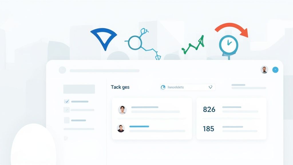 A user interacting with a clean, modern analytics dashboard on a large screen.