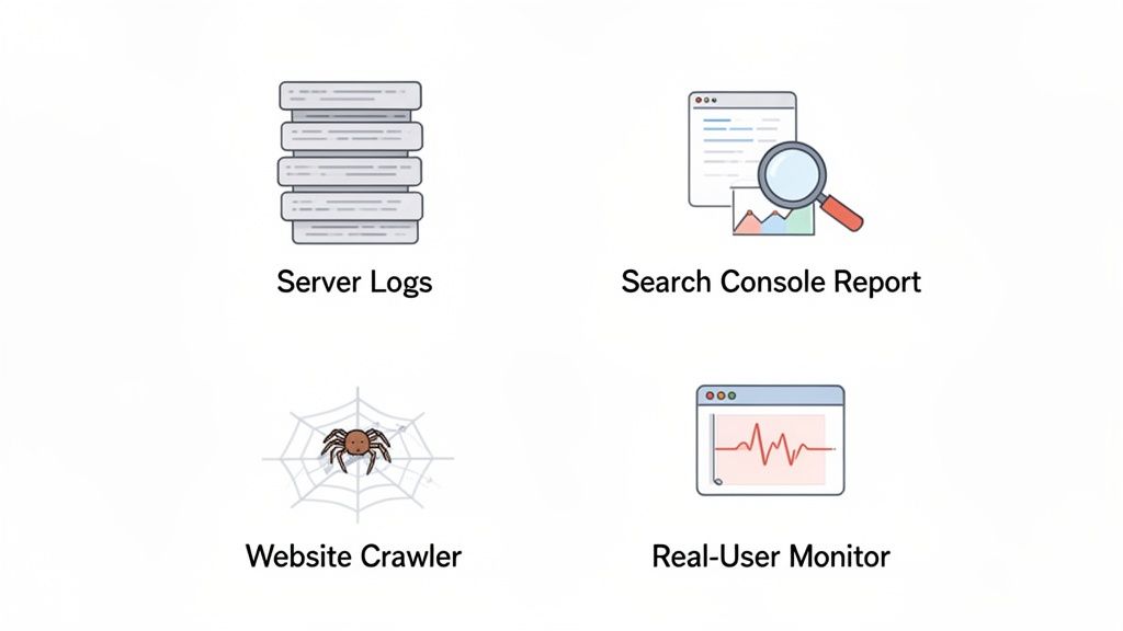 Icons representing server logs, search console report, website crawler, and real-user monitor for website analysis.
