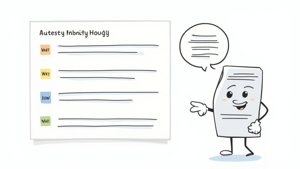 Whiteboard with 'WHAT', 'WAY', 'HOW', 'WHO' categories, next to a smiling cartoon document character.