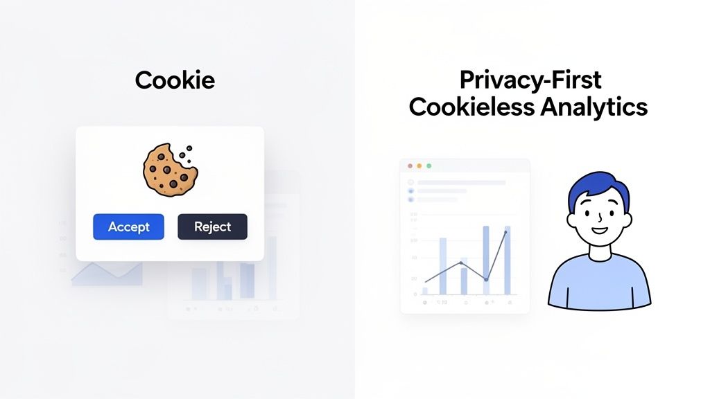 A visual comparison of cookie consent dialogs and privacy-first, cookieless analytics dashboards with a happy user.
