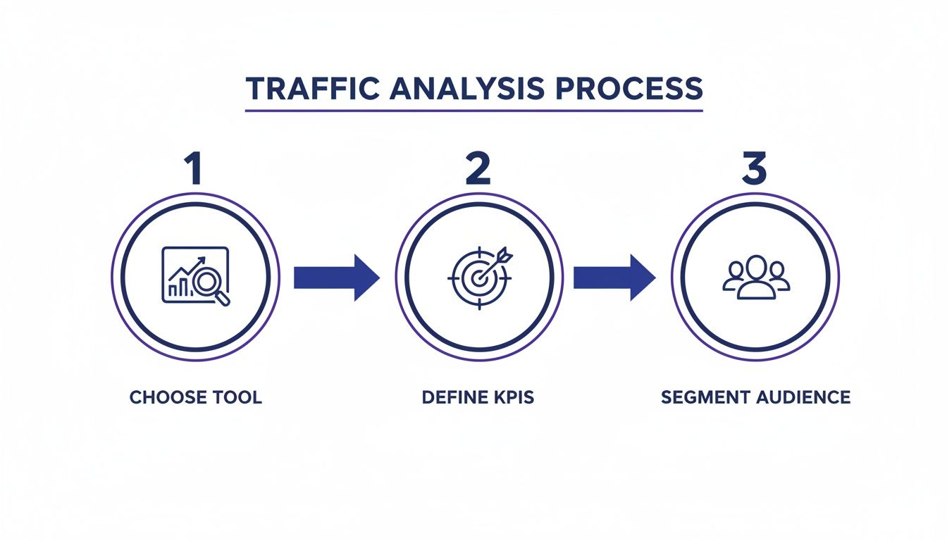 Flowchart illustrating the three-step traffic analysis process: choose tool, define KPIs, segment audience.