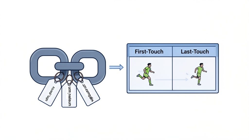 Illustration of UTM parameters (source, medium, campaign) linking to first-touch and last-touch attribution models.