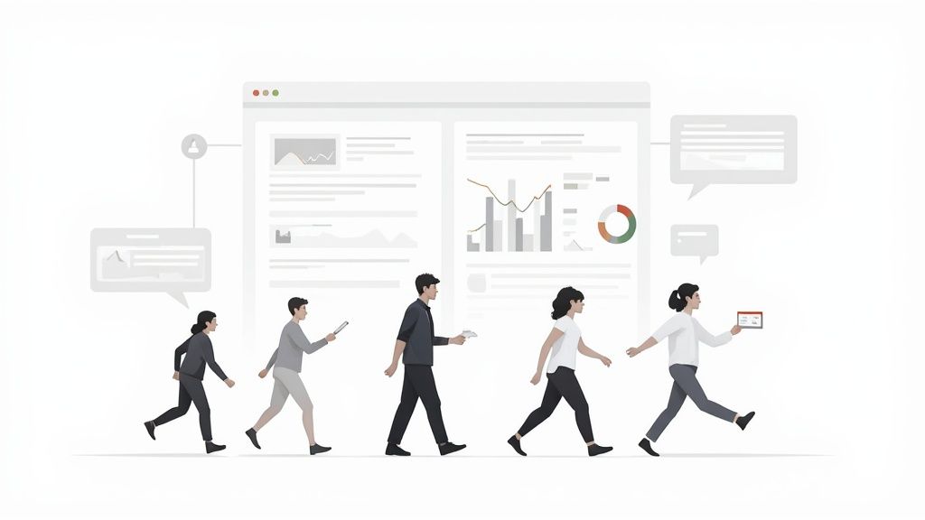 Five diverse business professionals walk past a large website dashboard displaying charts and data.