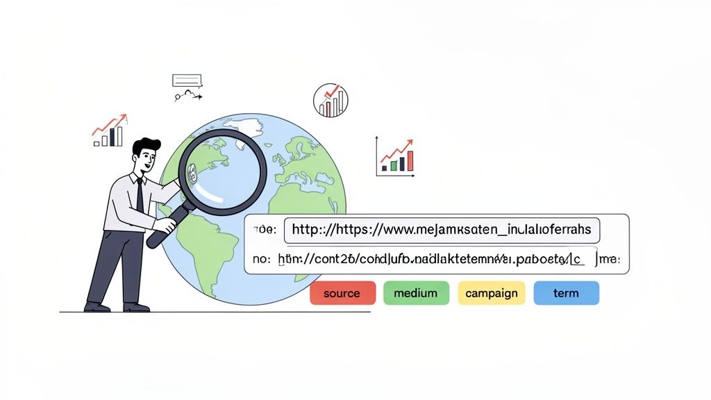An illustration of a man using a magnifying glass over a globe, generating UTM tracking links for marketing analytics.