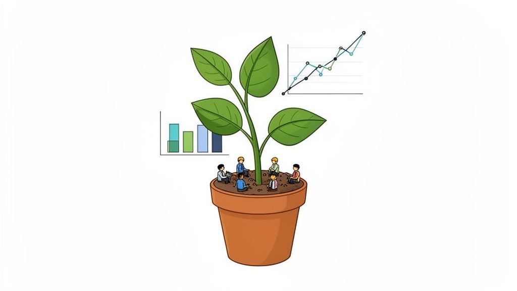 Six small people nurture a growing plant in a pot, surrounded by data charts.