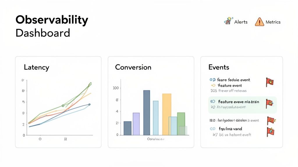 An observability dashboard showing graphs for latency, conversion, and a list of events with alerts.