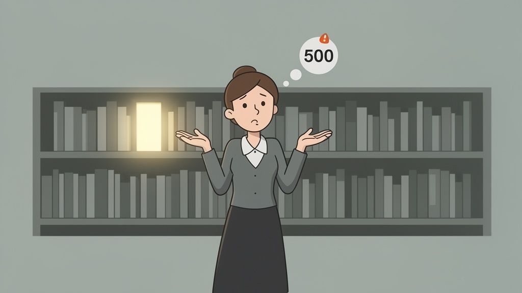 Cartoon woman shrugging before a bookshelf with a glowing book and a '500' error thought bubble.