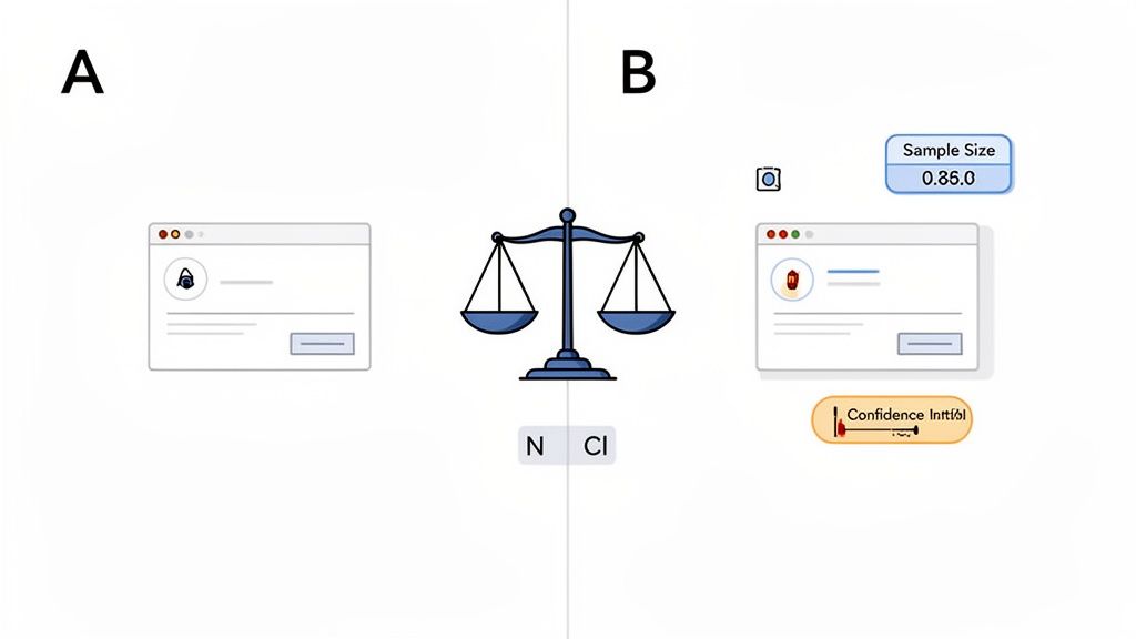 Illustration comparing two versions (A and B) using a balance scale, sample size, and confidence interval, representing A/B testing.