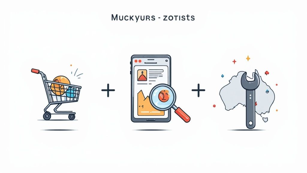 An illustration combining a shopping cart, mobile data monitoring, and an Australian service wrench.