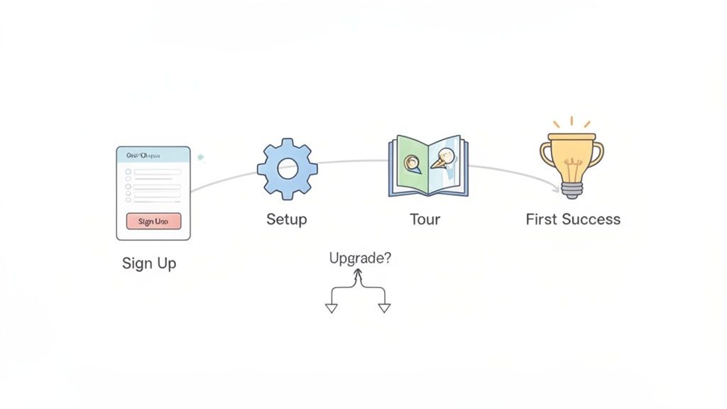 A user journey diagram illustrating steps from sign-up, setup, tour, to achieving first success, with an upgrade option.