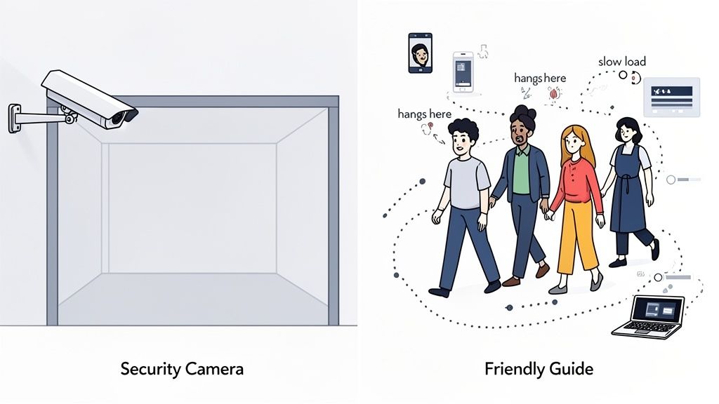 An illustration comparing a security camera for passive observation with a friendly guide monitoring digital user experiences.