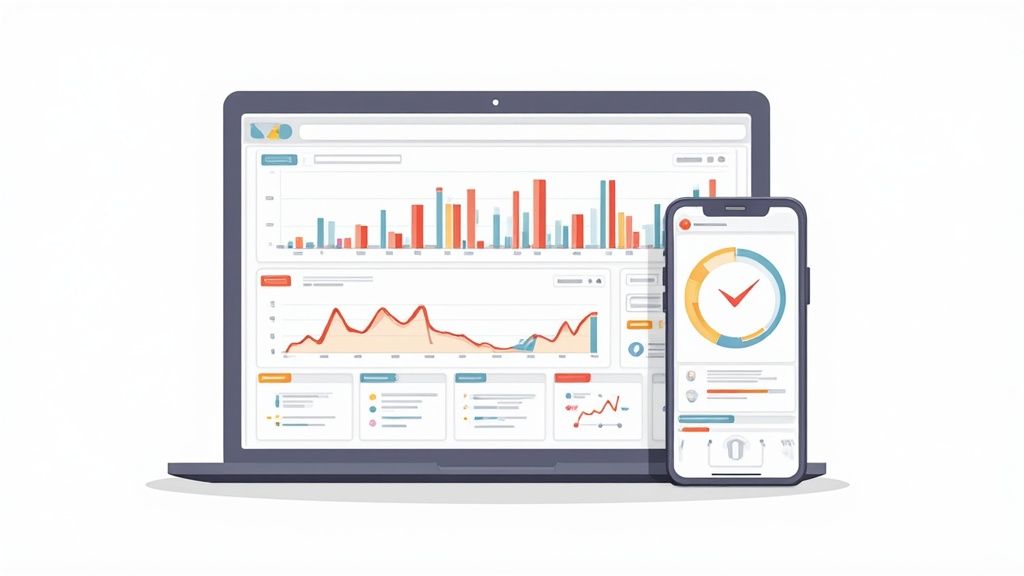 A person pointing at charts and graphs on a modern, clean web analytics dashboard interface on a large screen.