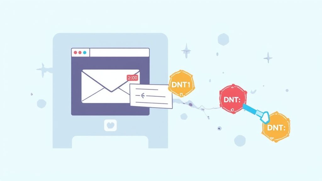 An email notification on a screen connects to a chain of 'DNT' (Do Not Track) privacy signals.