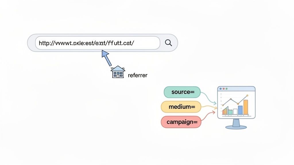 Referrer directs to a website URL, with source, medium, and campaign data feeding web traffic analytics.