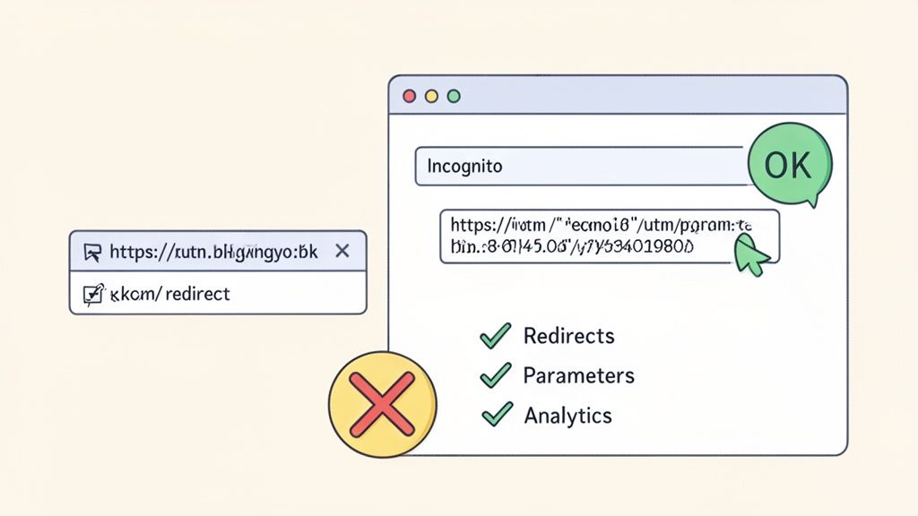 Illustration of browser windows showing URLs, redirects, UTM parameters, and analytics tracking.