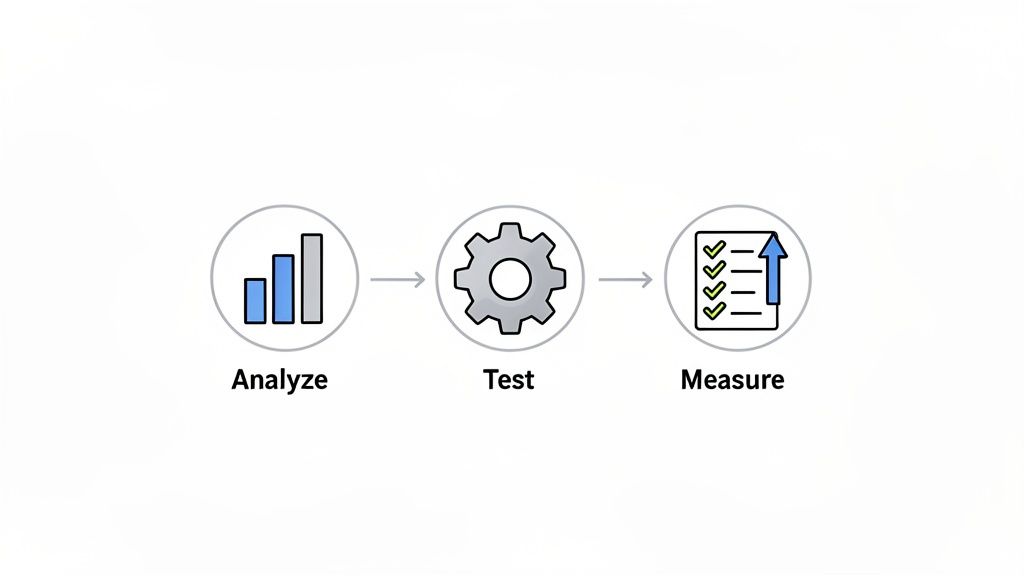 A three-step process diagram: Analyze (bar chart), Test (gear icon), and Measure (checklist with upward arrow).