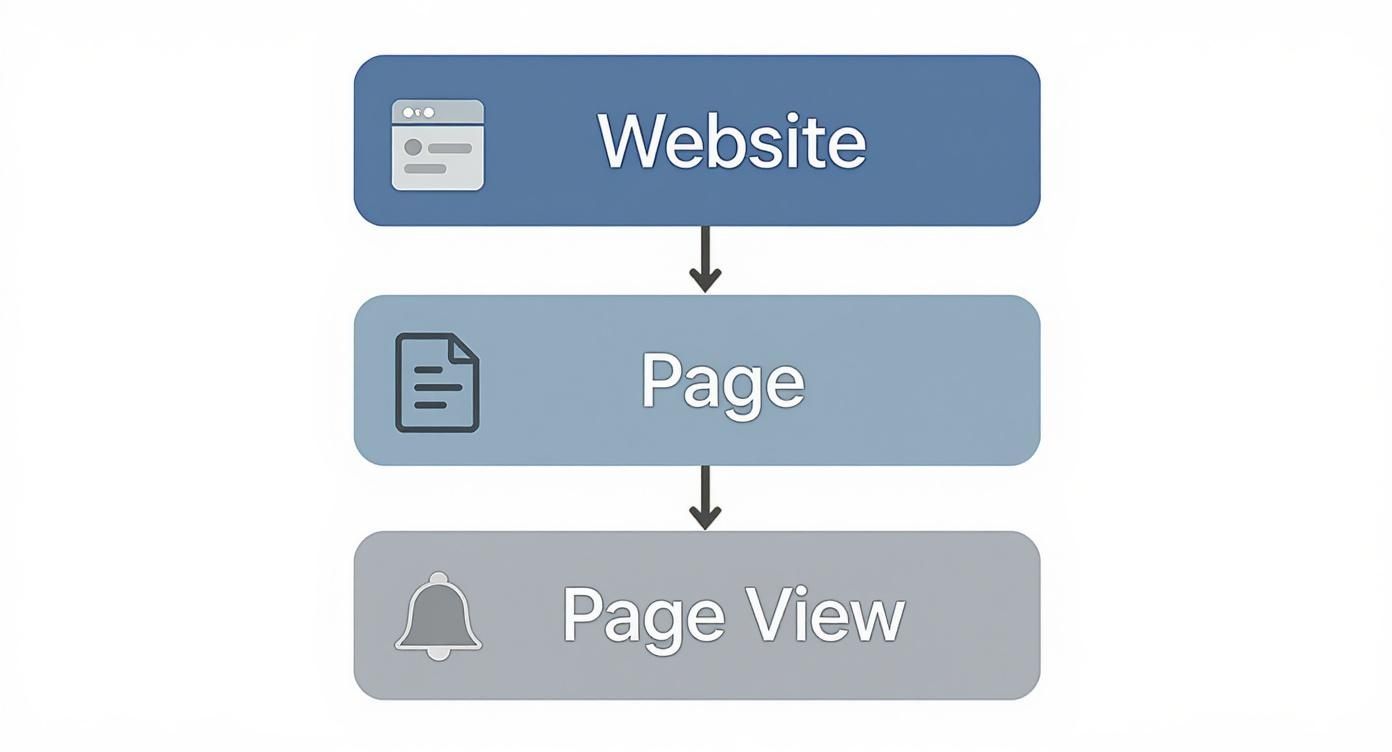 A flowchart illustrating the hierarchy from a website, to a page, and finally a page view.