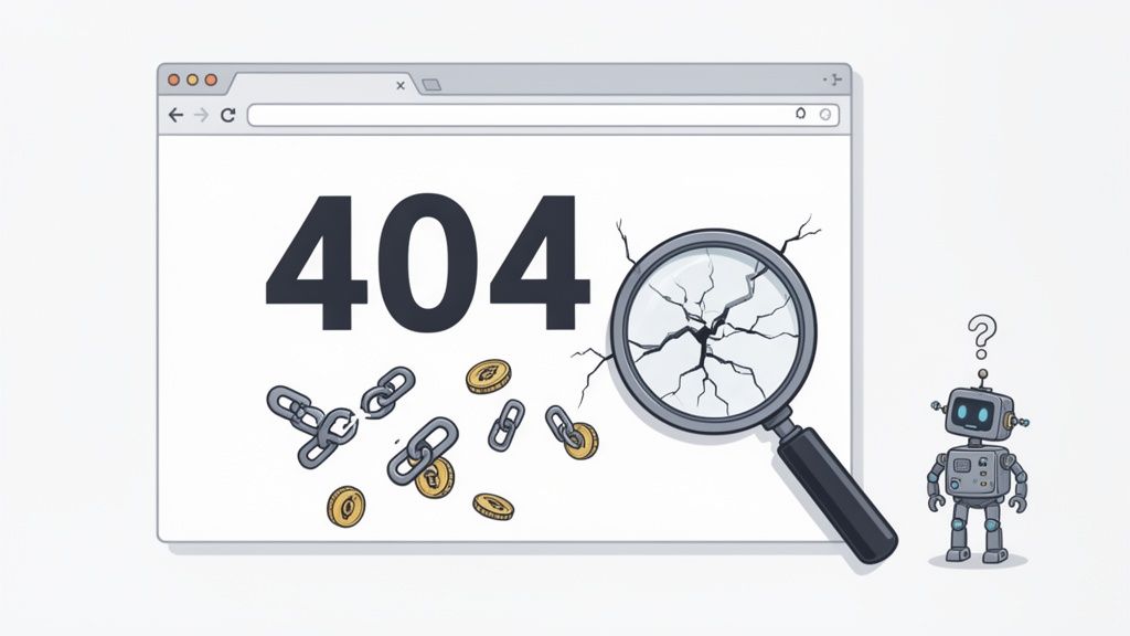 A browser displays a 404 error with broken links, a cracked magnifying glass, and a confused robot.