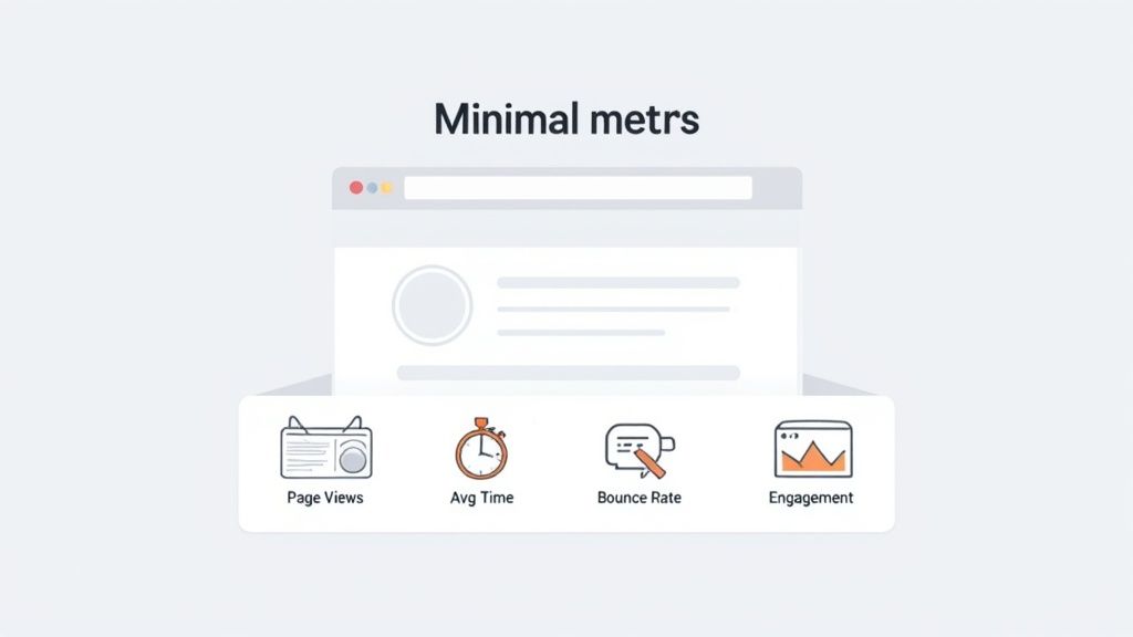 A minimalist illustration of a browser window displaying website analytics metrics: Page Views, Avg Time, Bounce Rate, and Engagement.