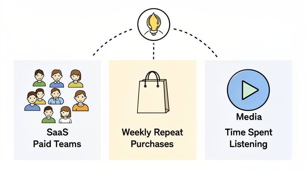 A diagram illustrating a North Star Metric connected to SaaS paid teams, weekly repeat purchases, and media time spent listening.