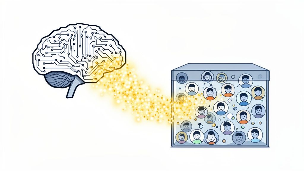 An AI brain processes data from a transparent container filled with user profiles, illustrating first-party data collection.