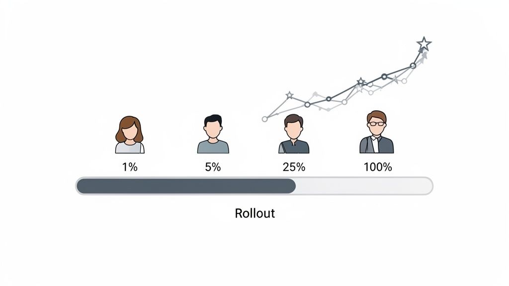 Illustration of a phased feature rollout showing user segments at 1%, 5%, 25%, and 100%, with a progress bar and performance graph.