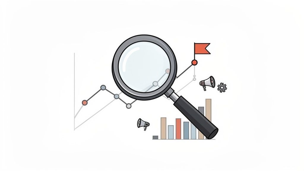 A magnifying glass inspecting a line graph and bar charts, symbolizing data analysis and web page metrics.