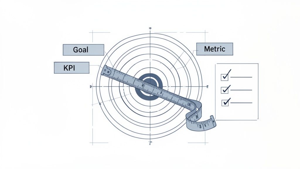 Blueprint diagram showing a target with a measuring tape, representing goal, KPI, and metric measurement.