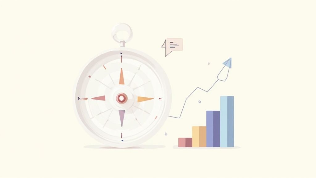 A compass pointing towards a graph showing upward growth, symbolizing data-driven direction.