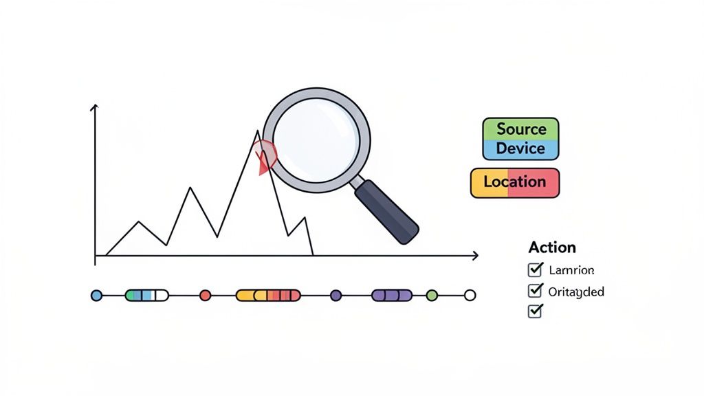 Line graph showing a data peak with a magnifying glass, alongside data categories and a timeline.