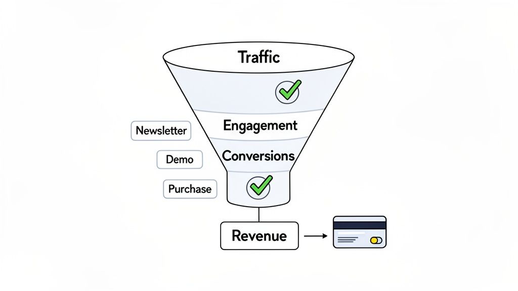 Marketing funnel diagram showing stages from website traffic, engagement, and conversions to generated revenue.