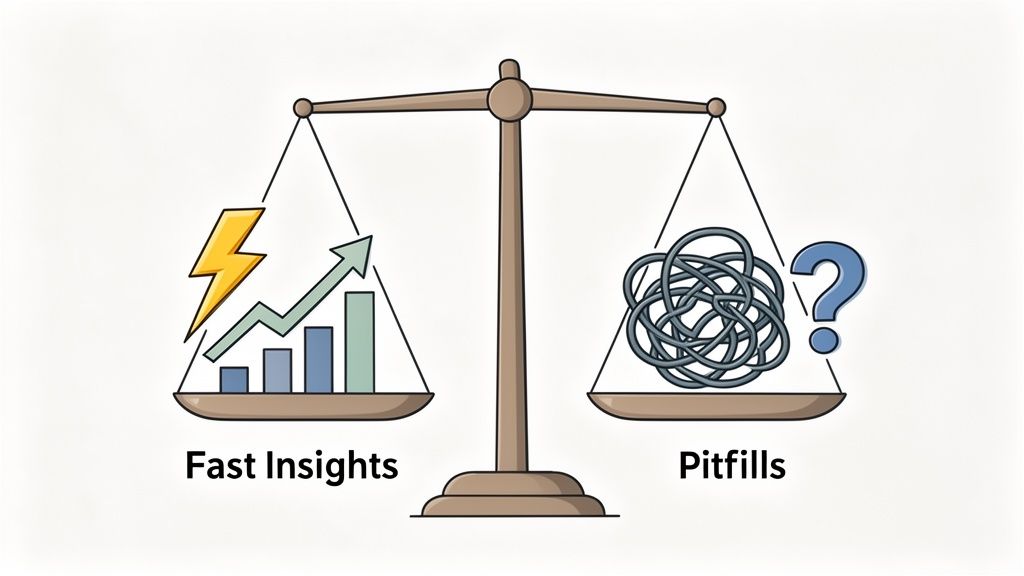 A balance scale weighing fast insights (lightning bolt, growth chart) against pitfalls (tangled knot, question mark).
