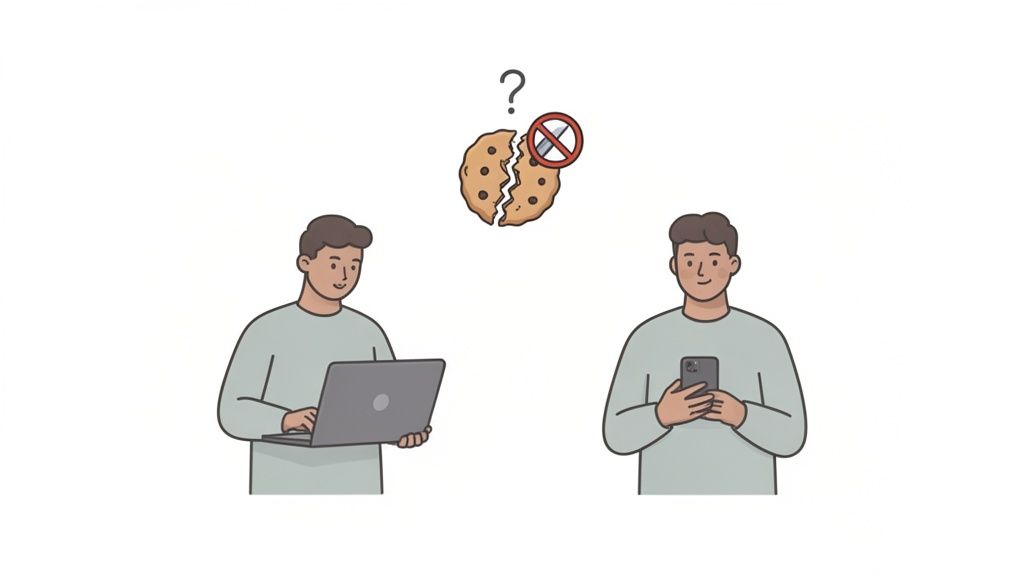 Illustration showing users with devices, a broken cookie with 'no' sign, symbolizing tracking or privacy concerns.