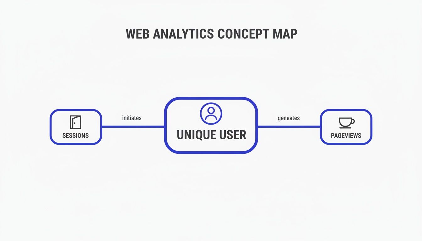 Web analytics concept map showing unique users initiating sessions and generating pageviews.