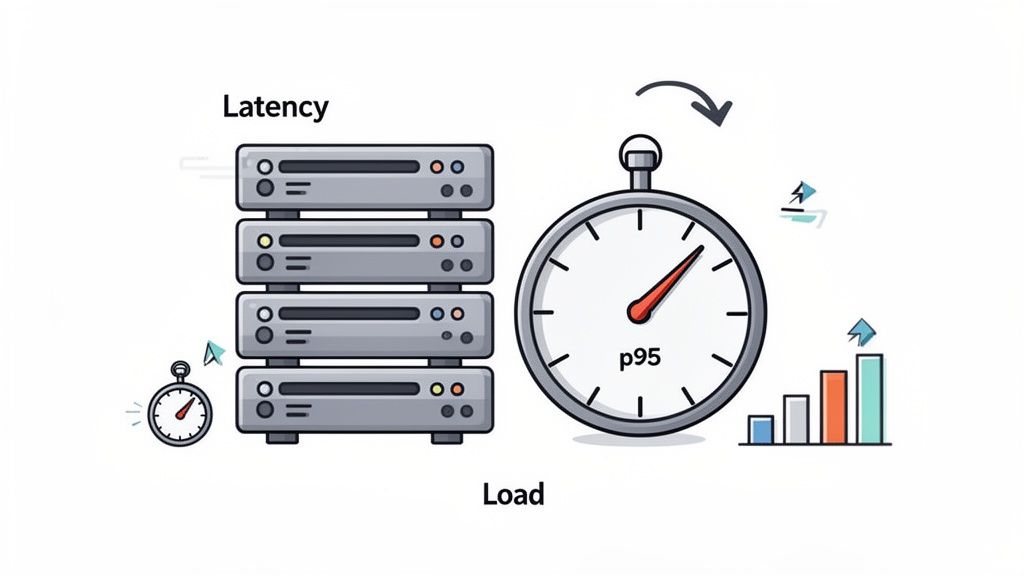 Illustration of server performance, showing latency, load, a server rack, stopwatches, and a bar chart.