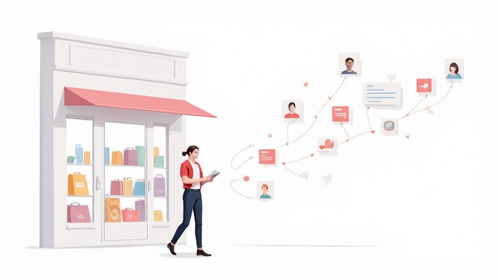 A woman reviews customer data flowing from a store, connecting with user profiles and interactions.