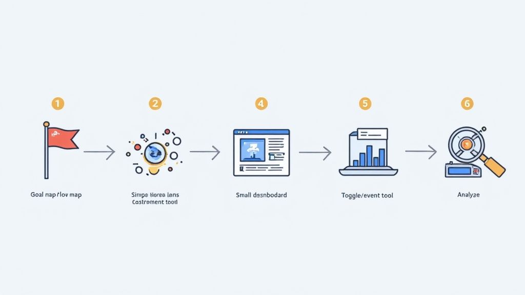 Five-step workflow diagram showing goal map, lens tool, dashboard, toggle tool, and analysis magnifying glass icons
