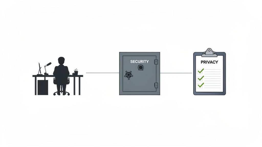 An illustration showing a person at a desk, a security safe, and a privacy checklist connected by lines.
