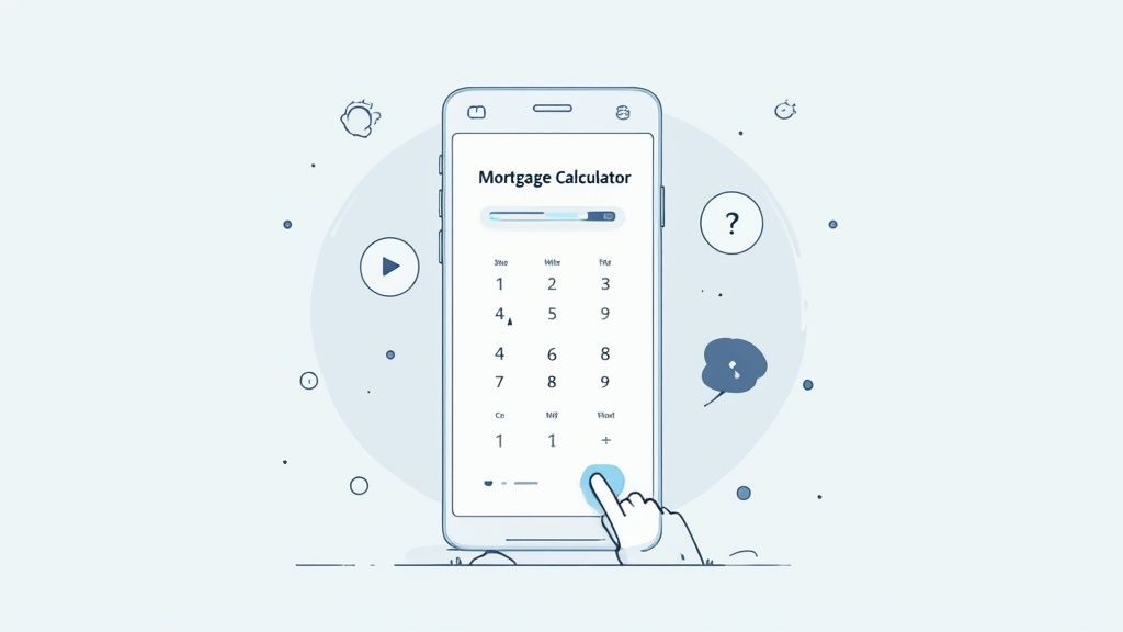 Hand using mortgage calculator app on smartphone showing payment calculations and interest rates