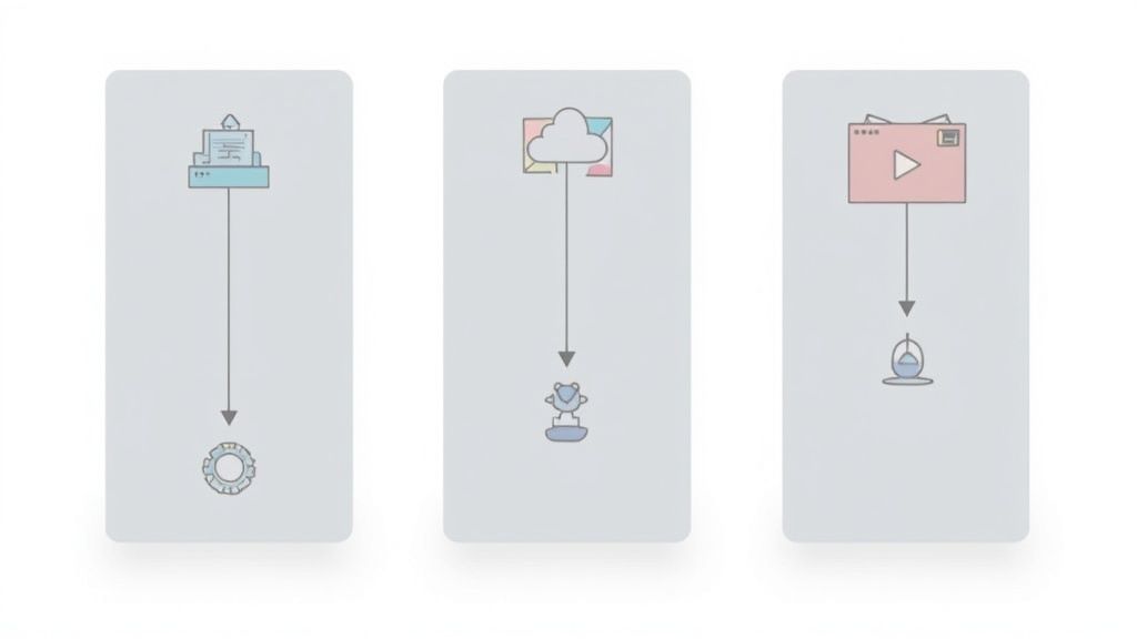 Three illustrations depicting web development, cloud, and user experience metrics for performance.