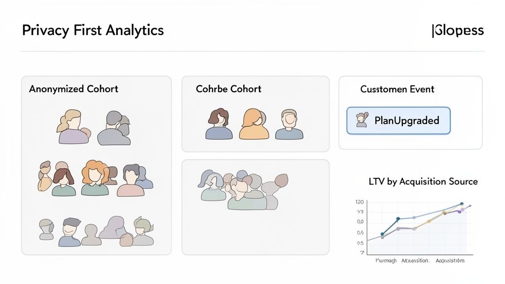 A dashboard visualizing privacy-first analytics, displaying anonymized cohorts, customer events, and LTV data.