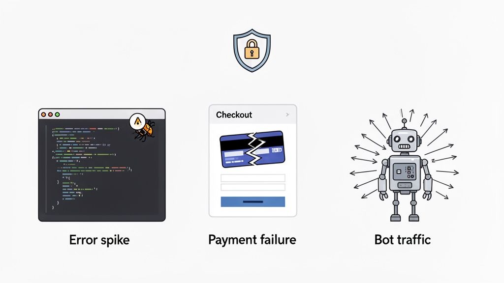 An illustration depicting common system anomalies like error spikes, payment failures, and bot traffic, under a security shield.