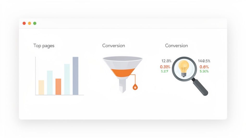 A website analytics dashboard displaying a top pages bar chart, conversion funnel, and detailed conversion rate data.