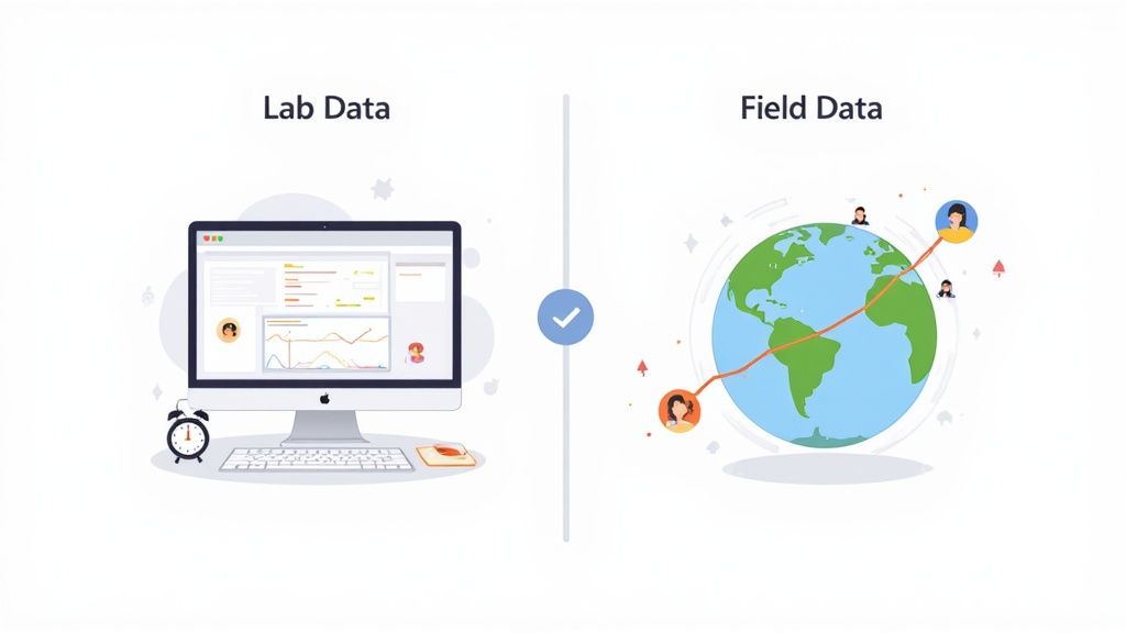 Illustration showing lab data on a computer screen and field data represented by a globe with connected people.