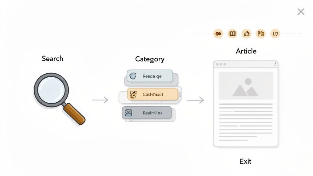 A user flow diagram illustrating the process from search to category selection and viewing an article, with an exit option.