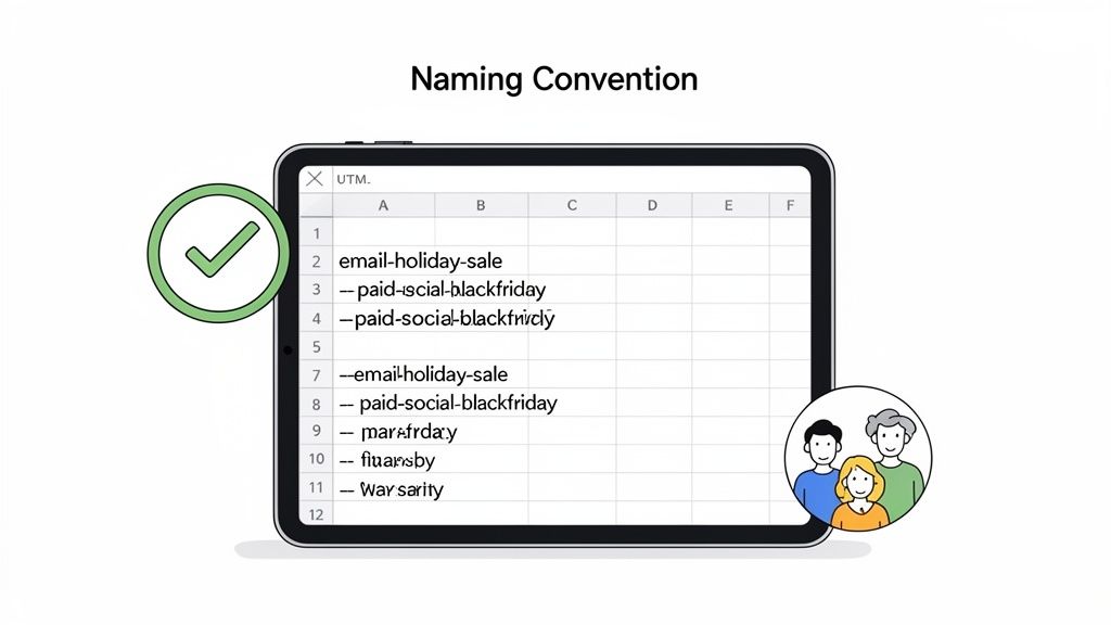 Digital spreadsheet on a tablet illustrating UTM naming conventions for marketing campaigns with a checkmark.