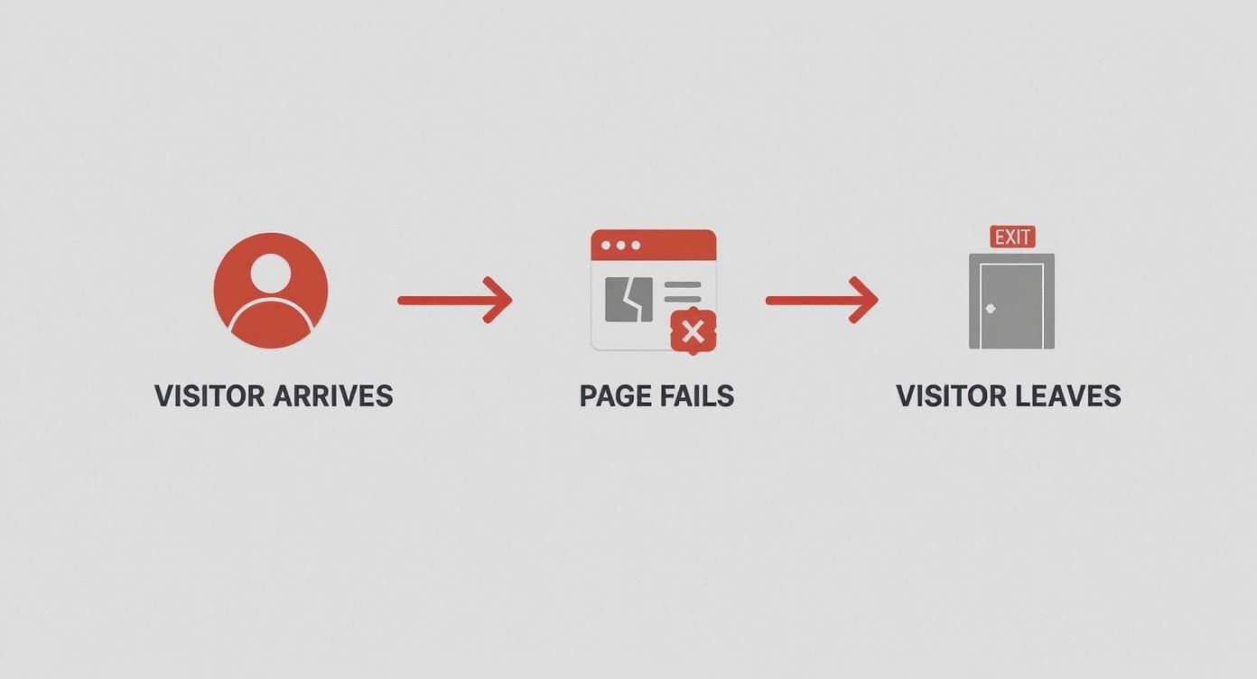 Diagram showing visitor journey from arrival through page failure with error to exit door