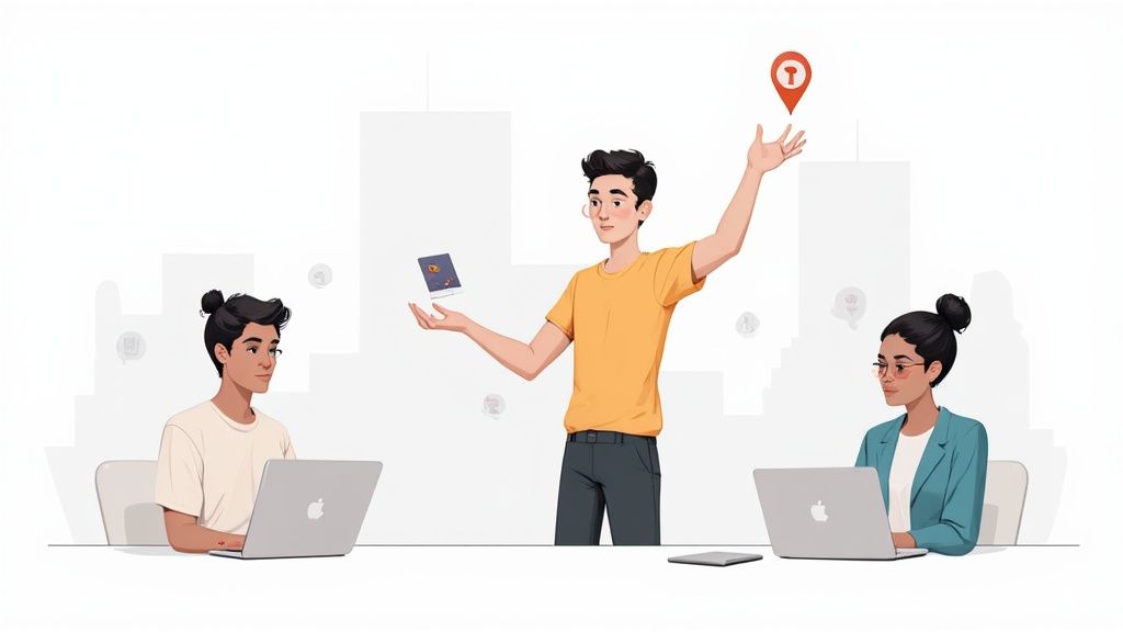 A team of three people collaborating, two on laptops and one presenting an idea with a location pin.